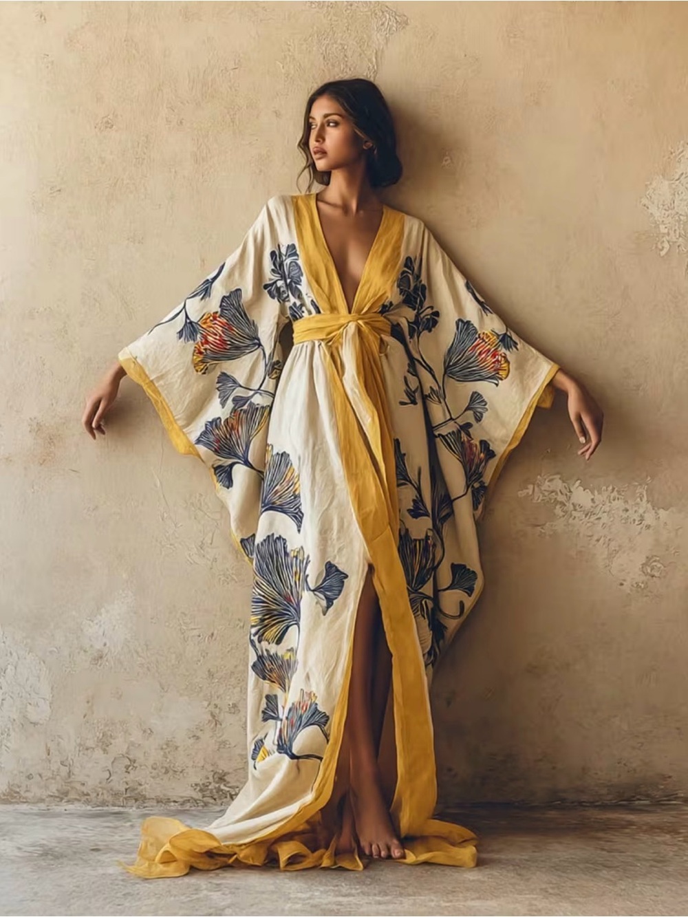 NWOT Flowing Floral Kimono Cover Up in Cream, Mustard and Blue